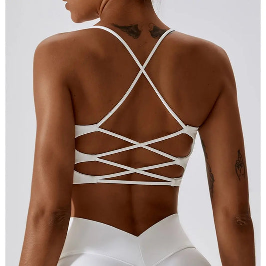 Sujetador deportivo de color liso con múltiples tiras en forma de U y espalda cruzada para mujer, para fitness, gimnasio, yoga, atletismo, entrenamiento, trote, suave, con almohadilla para el pecho