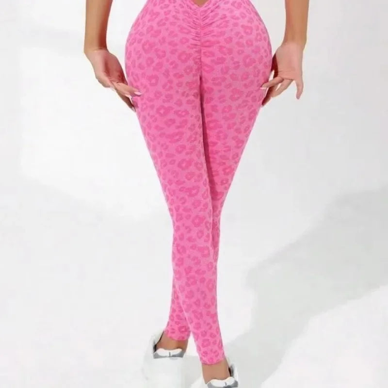 Leggings de leopardo con cintura en V para mujer, leggings ajustados sin costuras, elásticos, de cintura alta, para levantar la cadera, mallas de yoga sexys, pantalones deportivos para correr y gimnasio