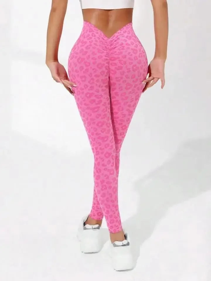 Leggings de leopardo con cintura en V para mujer, leggings ajustados sin costuras, elásticos, de cintura alta, para levantar la cadera, mallas de yoga sexys, pantalones deportivos para correr y gimnasio