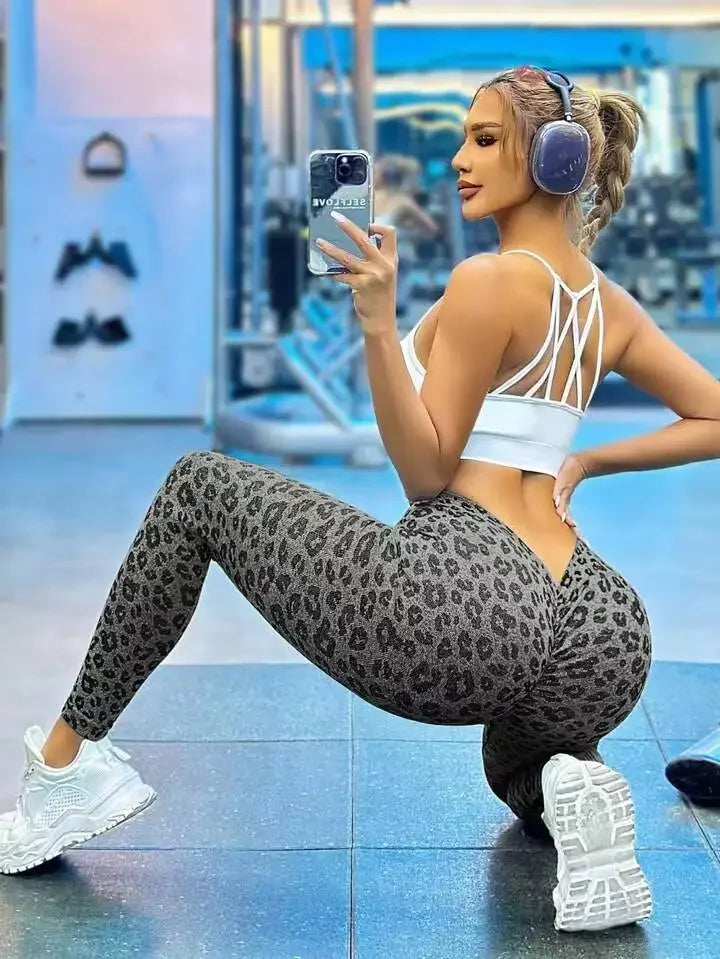 Leggings de leopardo con cintura en V para mujer, leggings ajustados sin costuras, elásticos, de cintura alta, para levantar la cadera, mallas de yoga sexys, pantalones deportivos para correr y gimnasio
