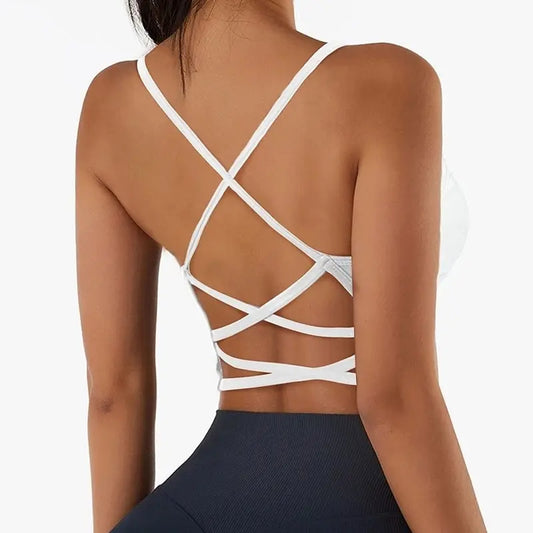 Sujetador deportivo con tiras cruzadas para mujer, vista frontal, diseño push up para yoga y fitness